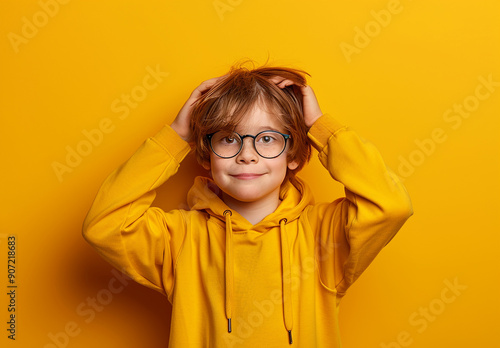 Portrait of a little curly boy in glasses on a bright green background. Little scientist, inventor, researcher, physicist, mathematician