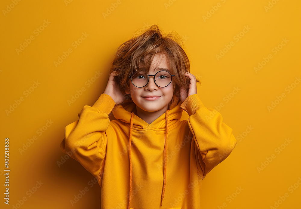 Portrait of a little curly boy in glasses on a bright green background. Little scientist, inventor, researcher, physicist, mathematician Portrait of a little curly boy in glasses on a bright green background. Little scientist, inventor, researcher, physicist, mathematician