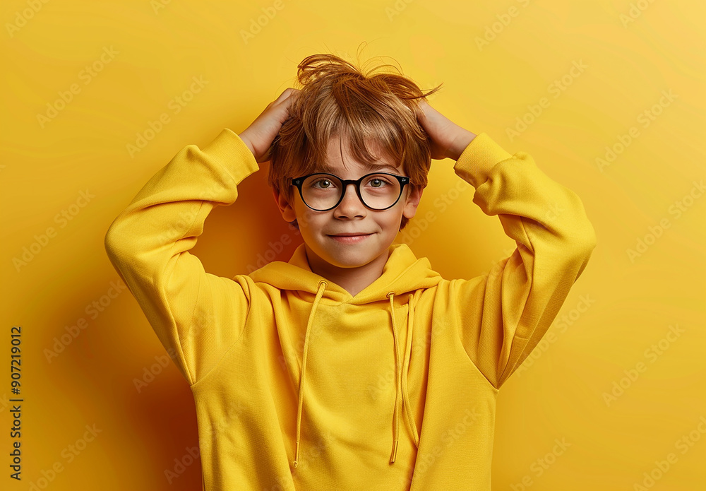 Portrait of a little curly boy in glasses on a bright green background. Little scientist, inventor, researcher, physicist, mathematician Portrait of a little curly boy in glasses on a bright green background. Little scientist, inventor, researcher, physicist, mathematician