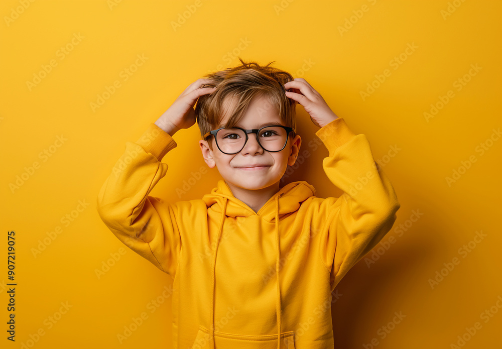 Portrait of a little curly boy in glasses on a bright green background. Little scientist, inventor, researcher, physicist, mathematician Portrait of a little curly boy in glasses on a bright green background. Little scientist, inventor, researcher, physicist, mathematician