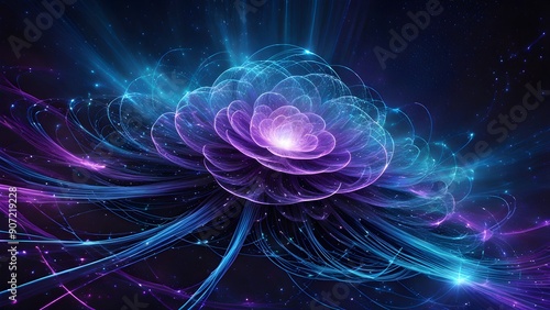 A flower with purple petals is floating in the sky