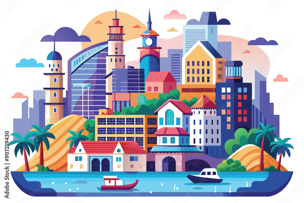 Naklejka premium A Colorful Cityscape with Palm Trees and Boats