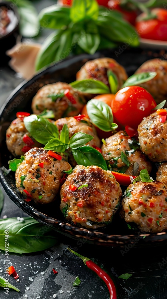 Meatballs of minced chicken with red pepper and green basil Meatballs of minced chicken with red pepper and green basil