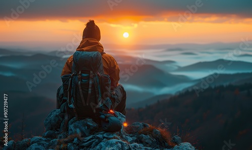 A male plastic mannequin hiker enjoys a break at the mountain summit during sunset, embodying adventure and travel concepts in a stunning view.