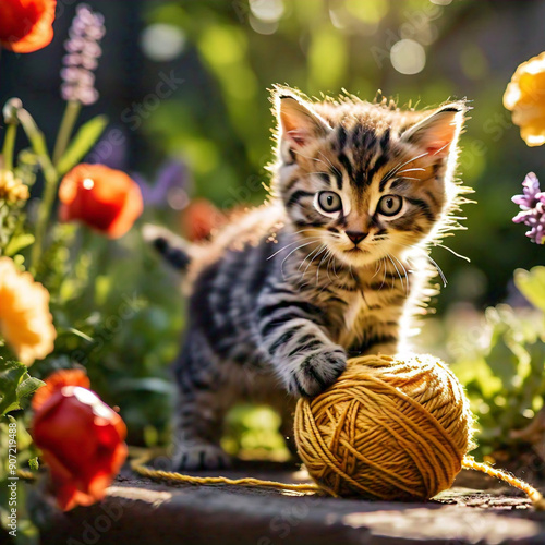 A playful tabby kitten pouncing on a ball photo