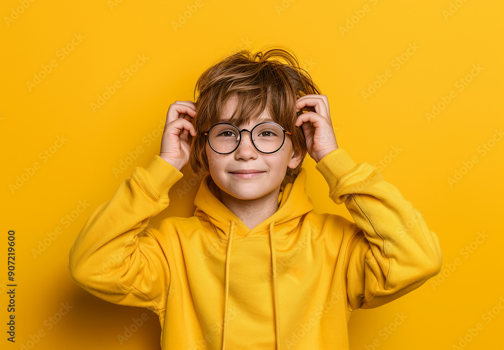 Portrait of a little curly boy in glasses on a bright green background. Little scientist, inventor, researcher, physicist, mathematician Portrait of a little curly boy in glasses on a bright green background. Little scientist, inventor, researcher, physicist, mathematician