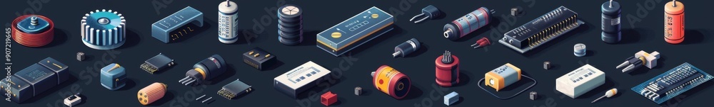 Diverse Capacitor Configurations in Isometric View: A Visual Layout of Electronic Component Icons for Circuit Design Settings. Diverse Capacitor Configurations in Isometric View: A Visual Layout of Electronic Component Icons for Circuit Design Settings.