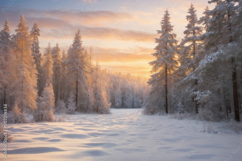 Snow-Covered Forest at Sunrise: A serene forest scene blanketed in fresh snow after a snowstorm, with the first light of sunrise casting a warm, golden glow on the snow-covered trees. Snow-Covered Forest at Sunrise: A serene forest scene blanketed in fresh snow after a snowstorm, with the first light of sunrise casting a warm, golden glow on the snow-covered trees.