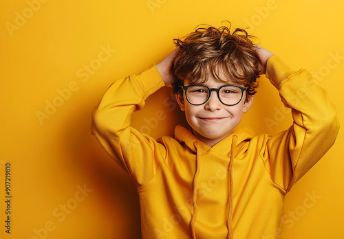 Portrait of a little curly boy in glasses on a bright green background. Little scientist, inventor, researcher, physicist, mathematician