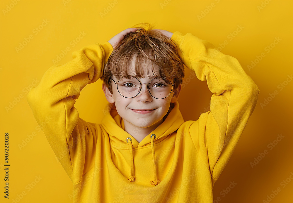 Portrait of a little curly boy in glasses on a bright green background. Little scientist, inventor, researcher, physicist, mathematician Portrait of a little curly boy in glasses on a bright green background. Little scientist, inventor, researcher, physicist, mathematician