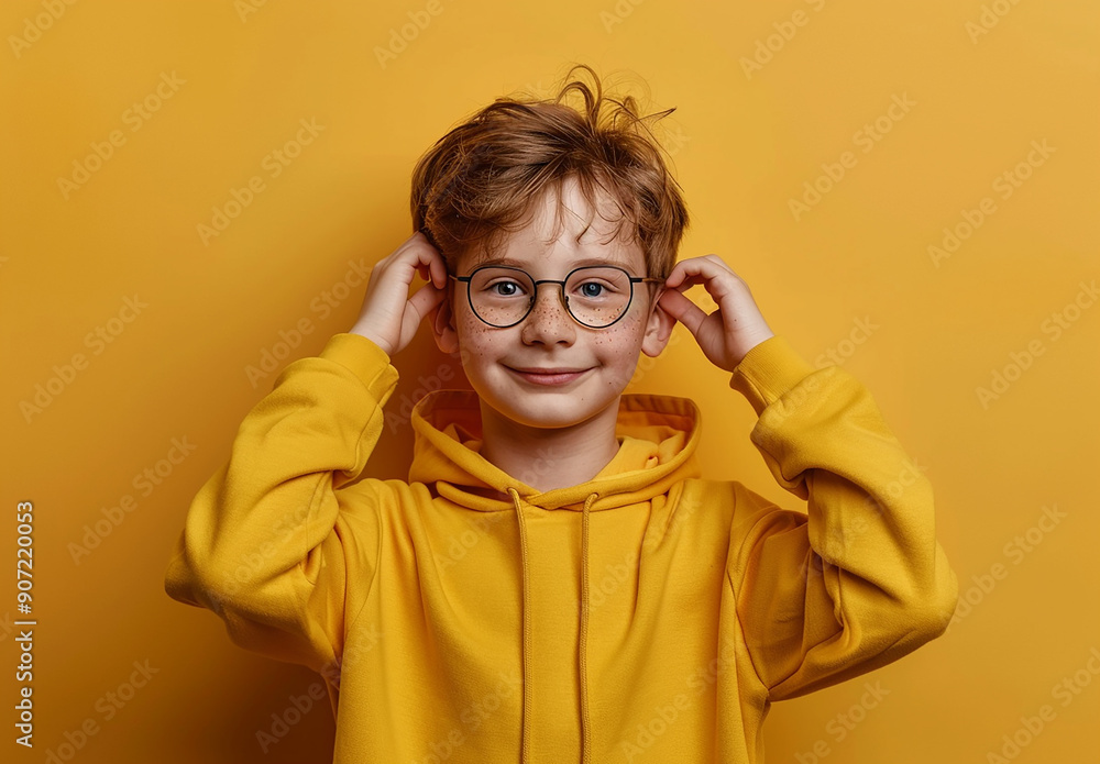 Portrait of a little curly boy in glasses on a bright green background. Little scientist, inventor, researcher, physicist, mathematician Portrait of a little curly boy in glasses on a bright green background. Little scientist, inventor, researcher, physicist, mathematician