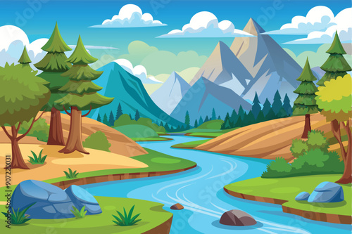 Winding River Flowing Through a Mountain Valley with Trees and Rocks