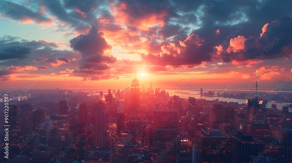 Fototapeta premium Futuristic City Skyline at Dramatic Sunset,Showcasing Technological Progress and Urban Innovation