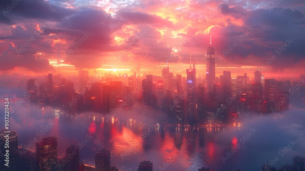 Fototapeta premium Mesmerizing Futuristic Cityscape with Glowing Neon Lights and Dramatic Skies