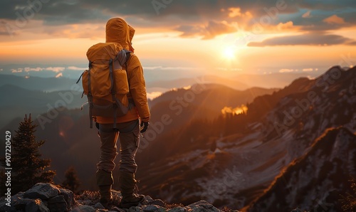 A plastic mannequin dressed as a hiker stands on a mountain, looking at the majestic sunset, embodying adventure and travel concepts with grandeur.