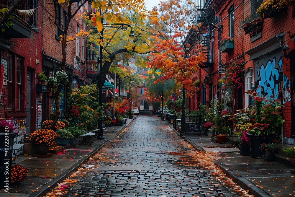 Fototapeta premium Vibrant Graffiti-Covered Urban Alleyway with Autumn Foliage and Cobblestone Pathway