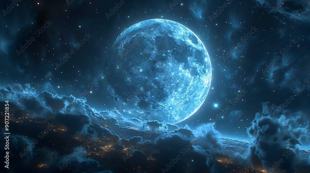 Ethereal and Cosmic Night Sky with Glowing Full Moon,Stars,and Swirling Galaxies Ethereal and Cosmic Night Sky with Glowing Full Moon,Stars,and Swirling Galaxies