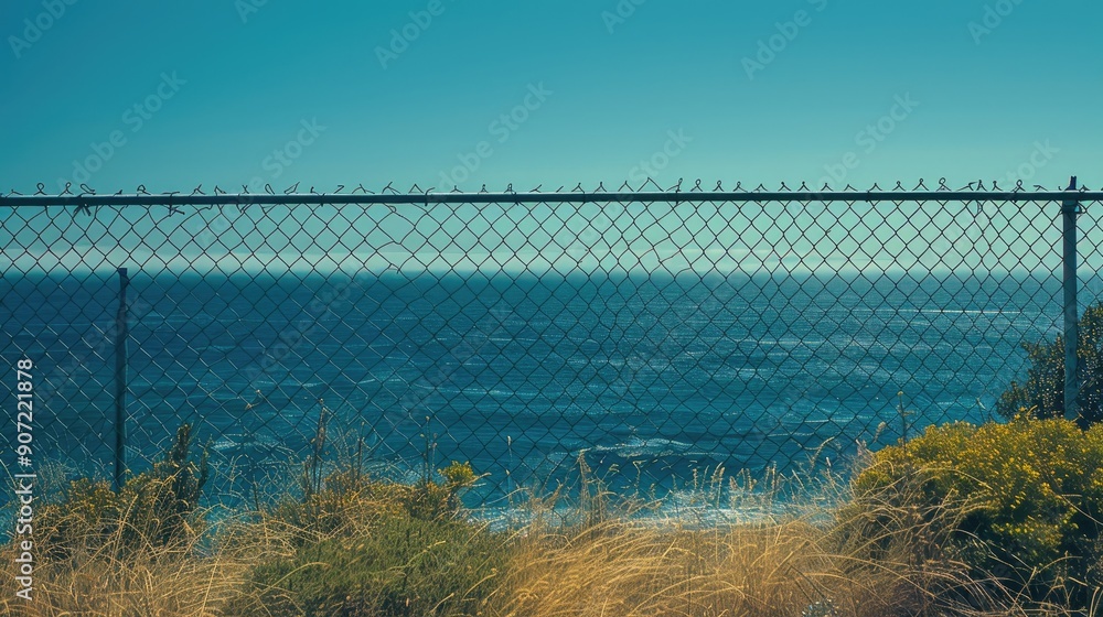View of the ocean through a noise reducing roadside fence View of the ocean through a noise reducing roadside fence