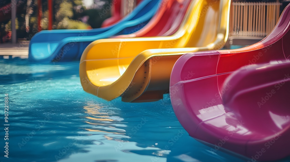 Colorful summer aqua park water slide, nobody on an outdoor playground. Fun entertainment or amusement for swimming in pool and playing, child kid holiday vacation ride activity, spiral tube Colorful summer aqua park water slide, nobody on an outdoor playground. Fun entertainment or amusement for swimming in pool and playing, child kid holiday vacation ride activity, spiral tube