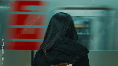Rear view of young Asian woman while waiting at platform of subway train station looking at passing tram