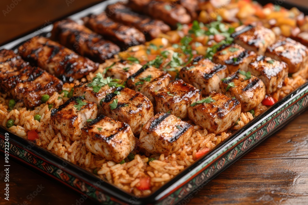 A vibrant image of a Jamaican jerk chicken plate with spicy marinated chicken, rice and peas, and a side of grilled plantains. A vibrant image of a Jamaican jerk chicken plate with spicy marinated chicken, rice and peas, and a side of grilled plantains.