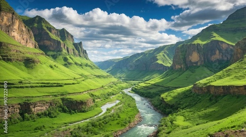 Lush Green Valley with Cliffs and a River: A breathtaking, lush green valley with a meandering river flowing through it, flanked by steep, high cliffs. photo