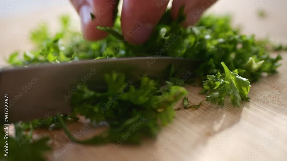 Extreme close-up of hands cutting parsley on wooden board Extreme close-up of hands cutting parsley on wooden board