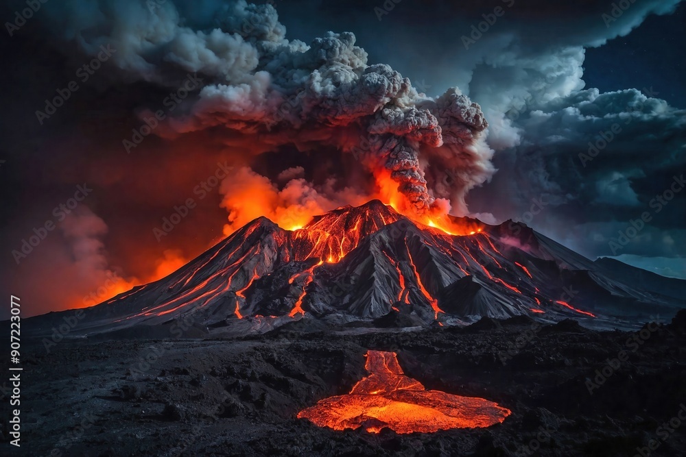 Dramatic Eruption at Night: A powerful volcanic eruption at night, with ...