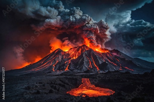 Dramatic Eruption at Night: A powerful volcanic eruption at night, with bright orange lava and ash shooting into the dark sky, illuminating the surrounding landscape.