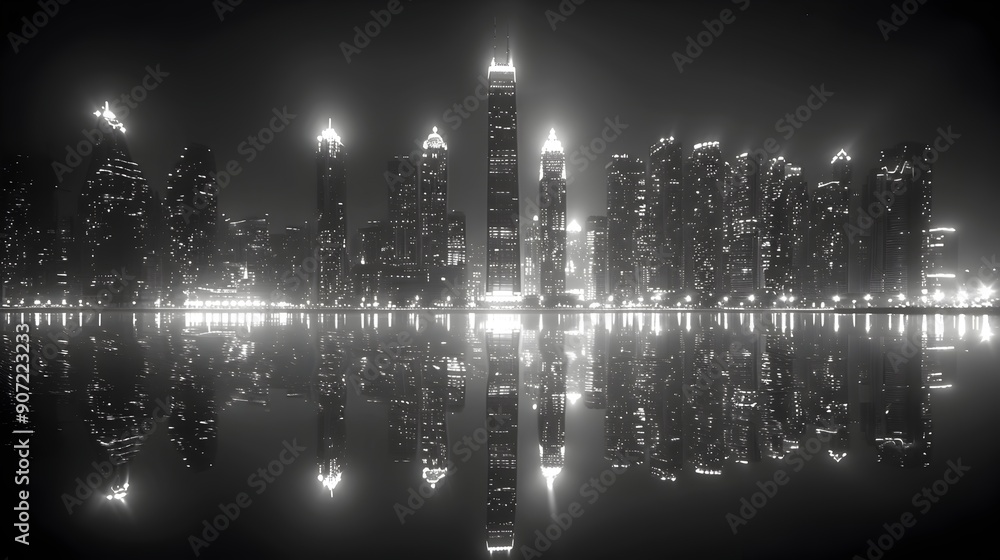 Obraz premium Captivating Minimalist Black and White City Skyline at Night with Sleek Modern Skyscrapers and Serene Reflections