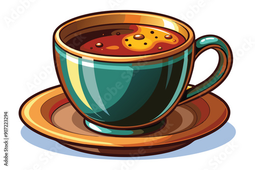 A steaming cup of coffee in a green and gold mug, on a saucer