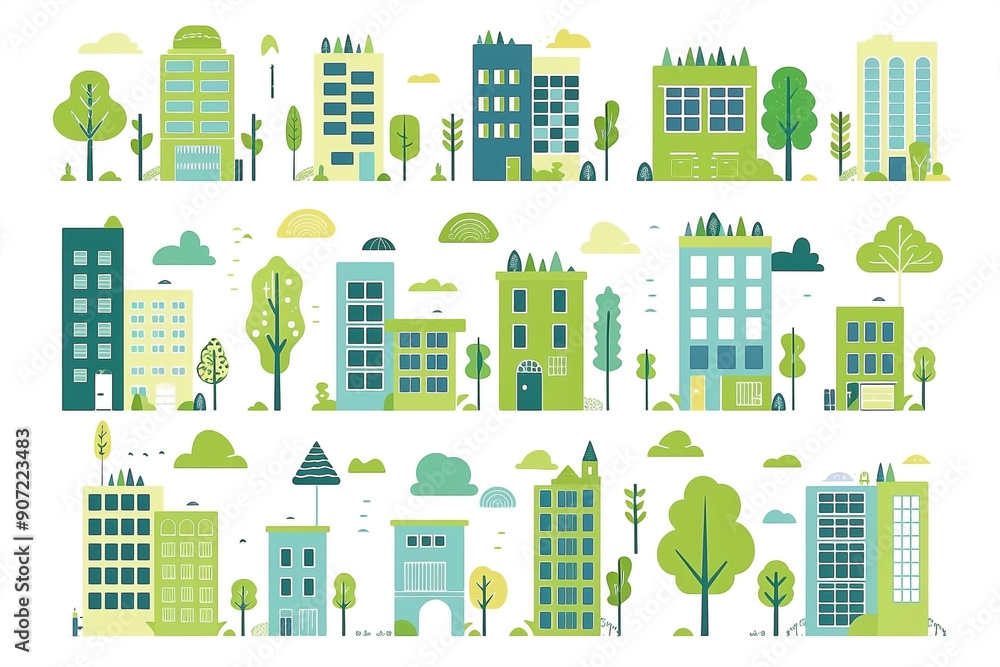Cityscape with Trees and Houses - Green and Blue Color Scheme Cityscape with Trees and Houses - Green and Blue Color Scheme