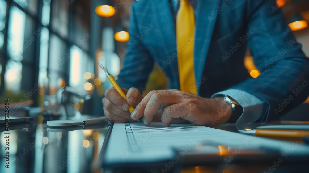 A businessman wearing a suit and tie is sitting at a desk writing on a paper clipboard. A businessman wearing a suit and tie is sitting at a desk writing on a paper clipboard.