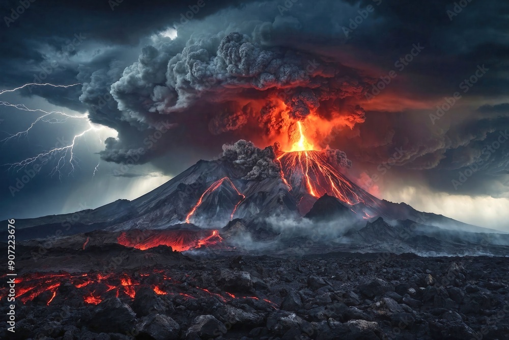Volcano Erupting with a Stormy Sky: A volcano erupting under a stormy ...
