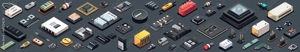 Isometric Electronic Components Set: A Modern Collection of Isometric Icons Depicting Various Electronic Parts for Tech Enthusiasts