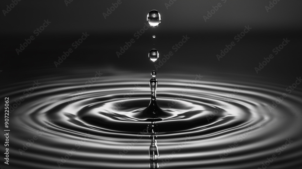 Macro Water drops falling with ripples and reflections on dark blue background Macro Water drops falling with ripples and reflections on dark blue background