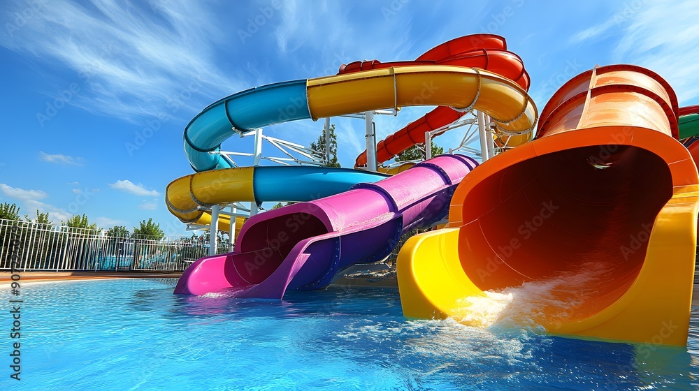 Colorful summer aqua park water slide, nobody on an outdoor playground. Fun entertainment or amusement for swimming in pool and playing, child kid holiday vacation ride activity, spiral tube Colorful summer aqua park water slide, nobody on an outdoor playground. Fun entertainment or amusement for swimming in pool and playing, child kid holiday vacation ride activity, spiral tube