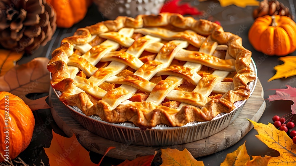 Homemade Pumpkin Pie With Autumn Leaves. Homemade Pumpkin Pie With Autumn Leaves.