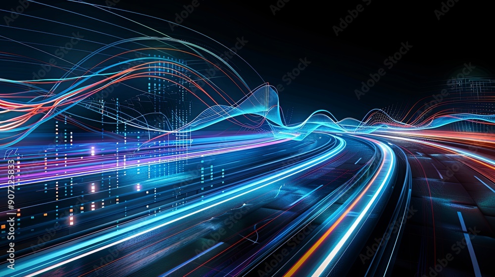 Close-up of 3D highway with flowing music waves and digital interference, colorful and abstract, more clarity with clear light and sharp focus, high detailed Close-up of 3D highway with flowing music waves and digital interference, colorful and abstract, more clarity with clear light and sharp focus, high detailed