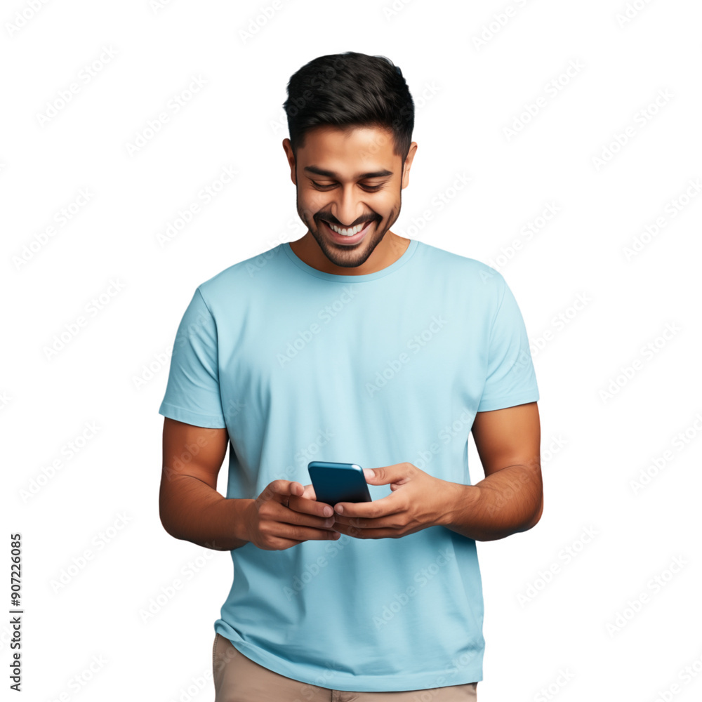 Smiling Man In Casual Blue T-Shirt Using Smartphone Smiling Man In Casual Blue T-Shirt Using Smartphone