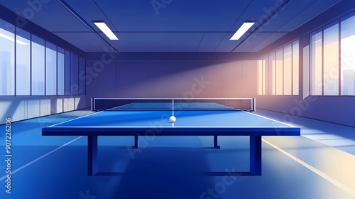 Table tennis or ping pong sport game hobby play room interior with blue table with a net and a ball. Championship competition match indoor, professional leisure recreation activity, club poster