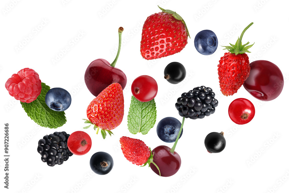 Different fresh berries in air on white background Different fresh berries in air on white background