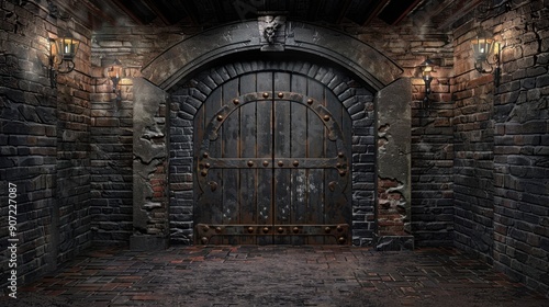 Gothic dungeon door with ornate ironwork, stone walls, and dim torch lighting, creating a dark medieval atmosphere.