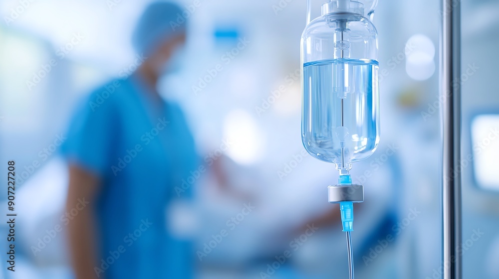 Medical care in progress, intravenous drip delivering fluids, healthcare professional in background, focused on patient well-being, sterile hospital environment. Medical care in progress, intravenous drip delivering fluids, healthcare professional in background, focused on patient well-being, sterile hospital environment.
