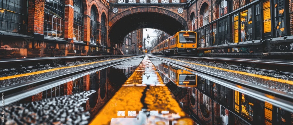 Urban train station with tracks leading towards an arch bridge; modern ...