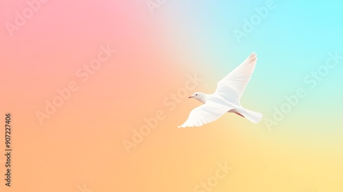 White dove in flight against a soft gradient background of pastel pink and blue hues, symbolizing peace and freedom in a serene atmosphere.