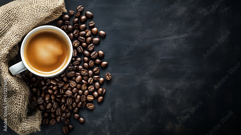 A cup of coffee with Coffee beans isolated on a dark background, Generative AI A cup of coffee with Coffee beans isolated on a dark background, Generative AI