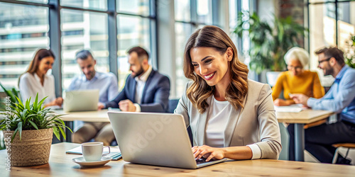 Wallpaper Mural Happy Woman Portrait with Laptop and Team Collaboration at Office Torontodigital.ca