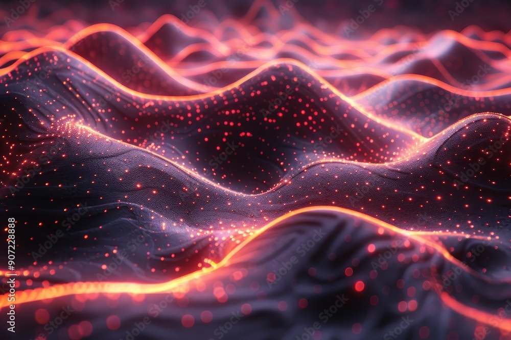 Abstract Wavy Landscape with Glowing Orange Lines and Red Dots Abstract Wavy Landscape with Glowing Orange Lines and Red Dots