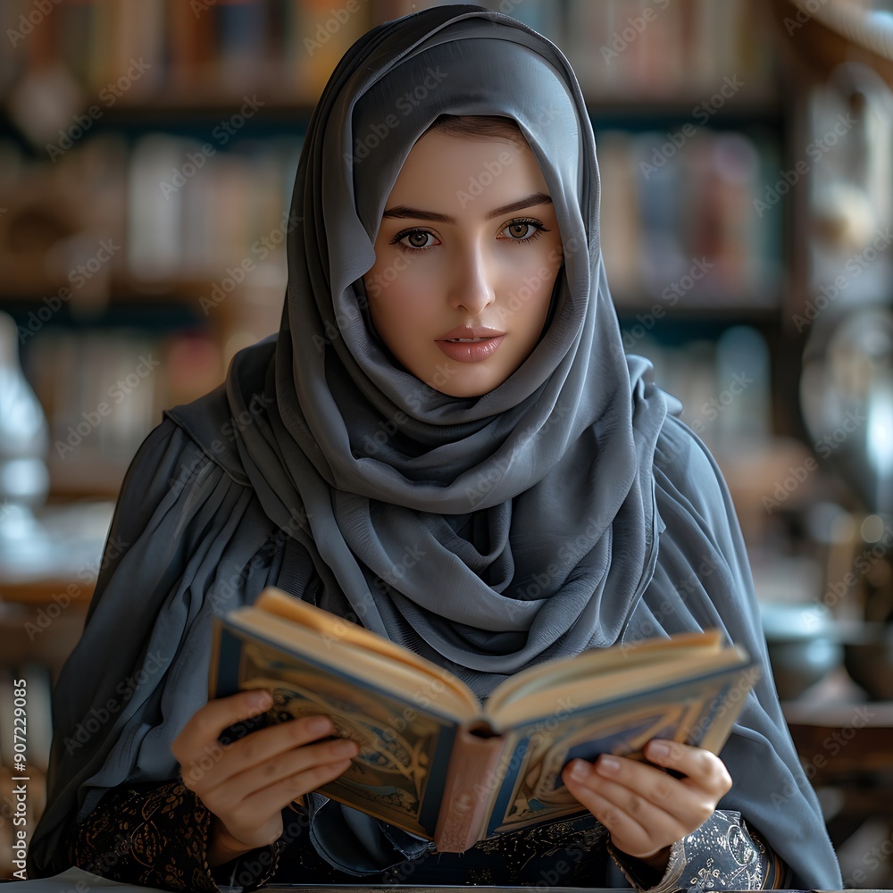 Arab woman hijab reading a book in a cafe Arab woman hijab reading a book in a cafe